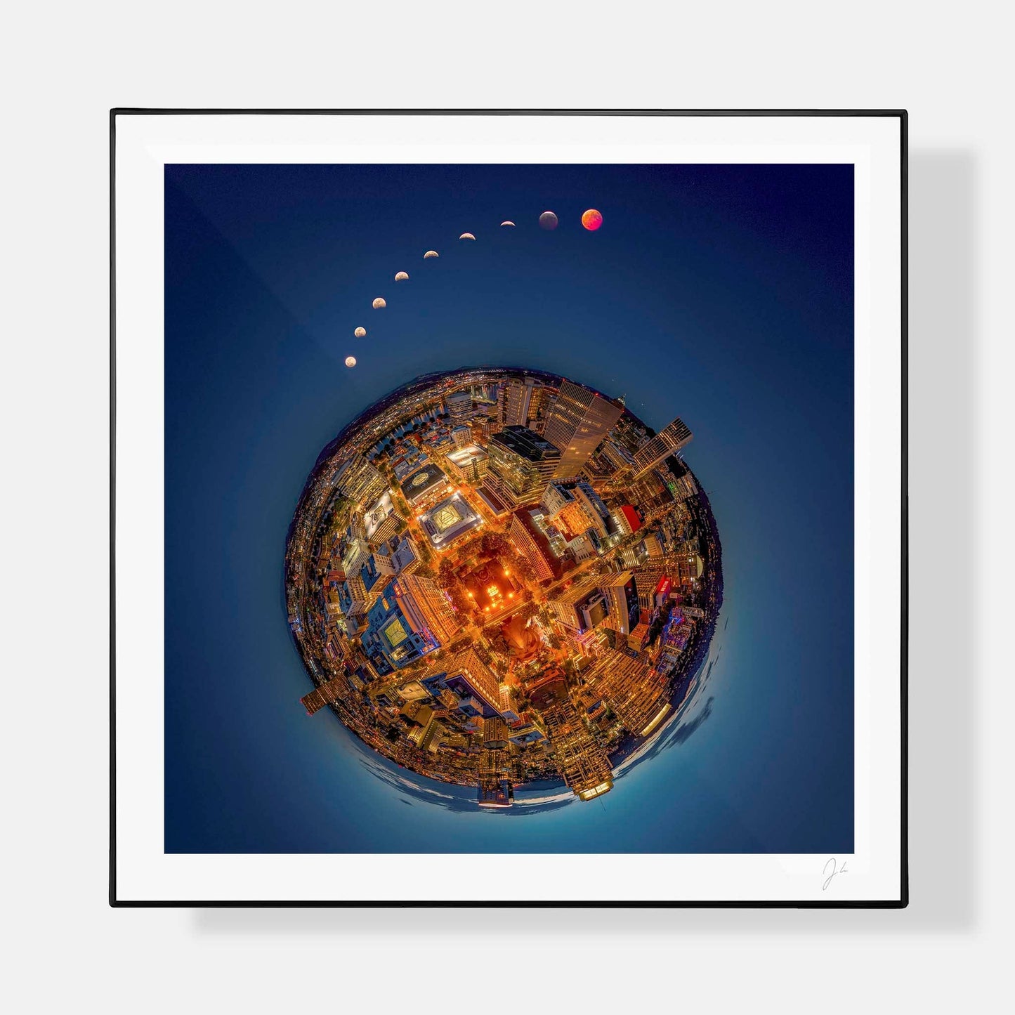 Lil' Planets 8x8" (Small) / + Black Signature Frame w/ Real Glass Lunar Eclipse over Downtown Portland (2025) - Signed Archival Print