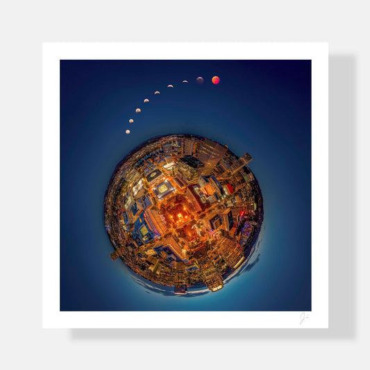 Lil' Planets 8x8" (Small) / Print Only Lunar Eclipse over Downtown Portland (2025) - Signed Archival Print
